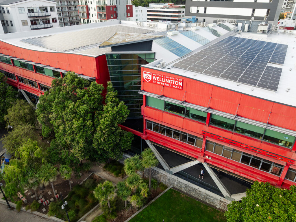Areal photos of the Te Aro Campus from a drone. Early morning light. Te Aro, Cuba Street, Harbour and city views/