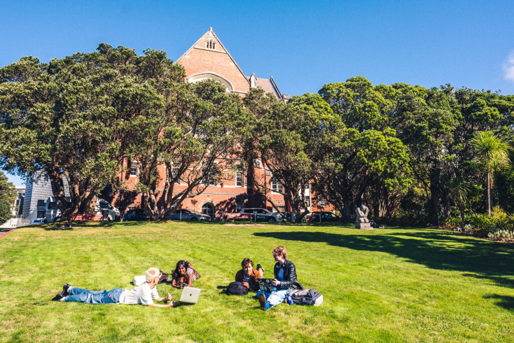 Students hanging out at Ramsey House and Hunter Lawn, studying and drinking coffee.