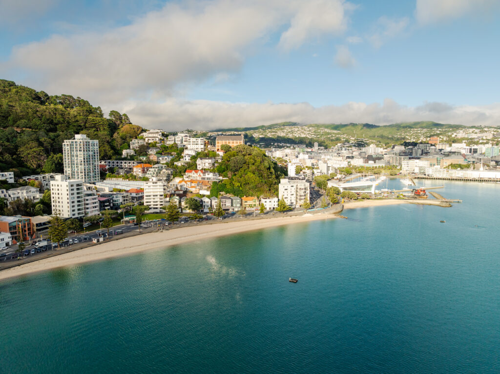 Areal photos of Wellington city in the morning light over Oriental Bay.