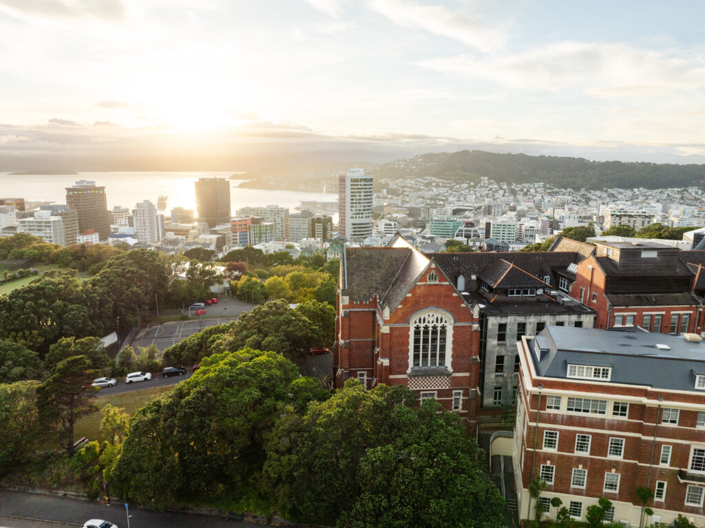 Areal photos of Kelburn Campus from a drone. Early morning light. Hunter Building, Kelburn Parade, Hunter Lawn, Boyd Wilton Field, Te Puni Village, vews of the city and full campus